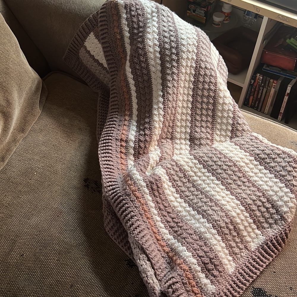 #SOLD**Striped‎ Handmade crochet cluster stitch Blanket in Brown and Cream 50x48